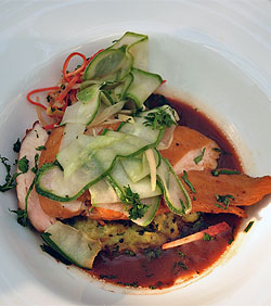 Masala tea poached chicken,with masala mashed potato, pickled cucumber ribbons